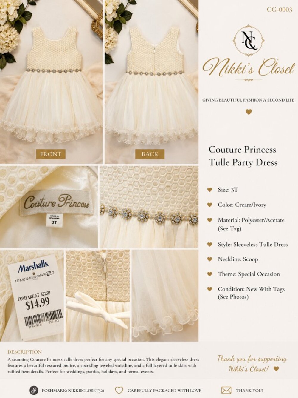 Couture Princess Ivory Tulle Party Dress | Girls 3T | New With Tags